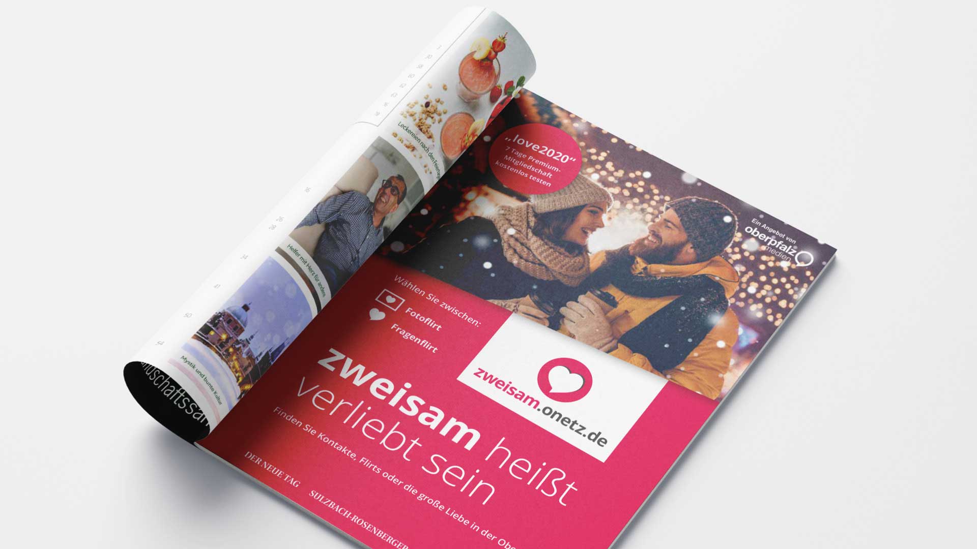 Anzeige des Onlineportals „zweisam.onetz.de“ in einem Magazin von Oberpfalz Medien.