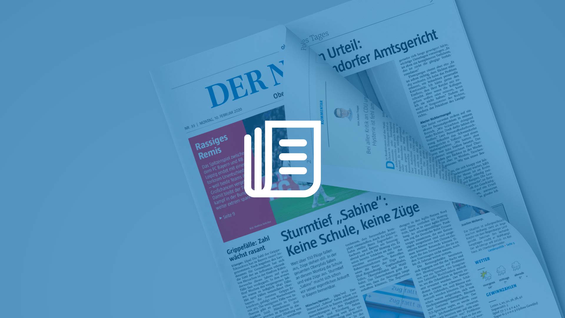 Transparente blaue Fläche mit weißem Icon für Zeitung, darunter aufgeschlagene Titelseite der Oberpfälzer Wochenzeitung.