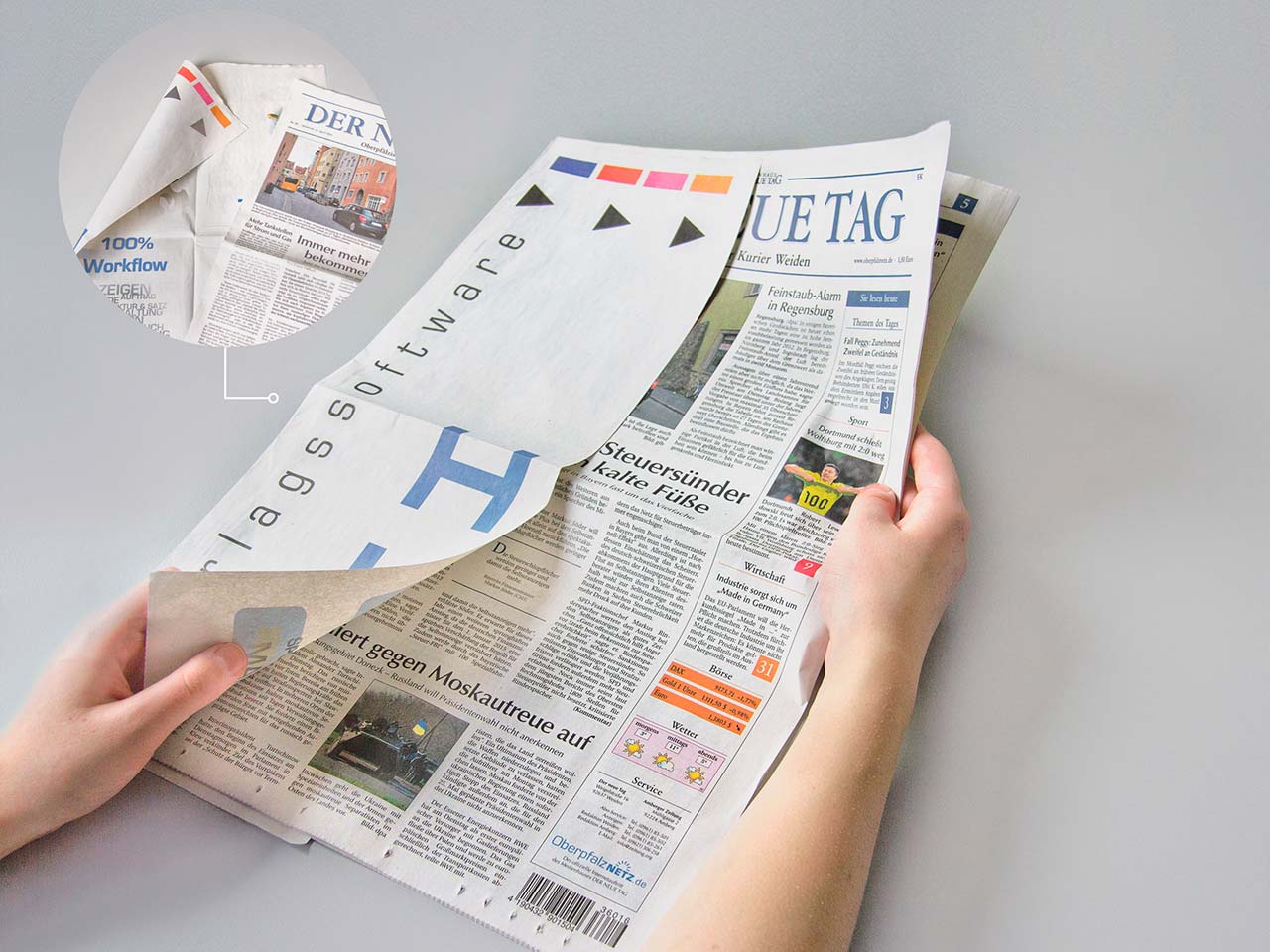 Ansicht einer Zeitung mit Flying-Page aus dem Druck von Oberpfalz Medien.