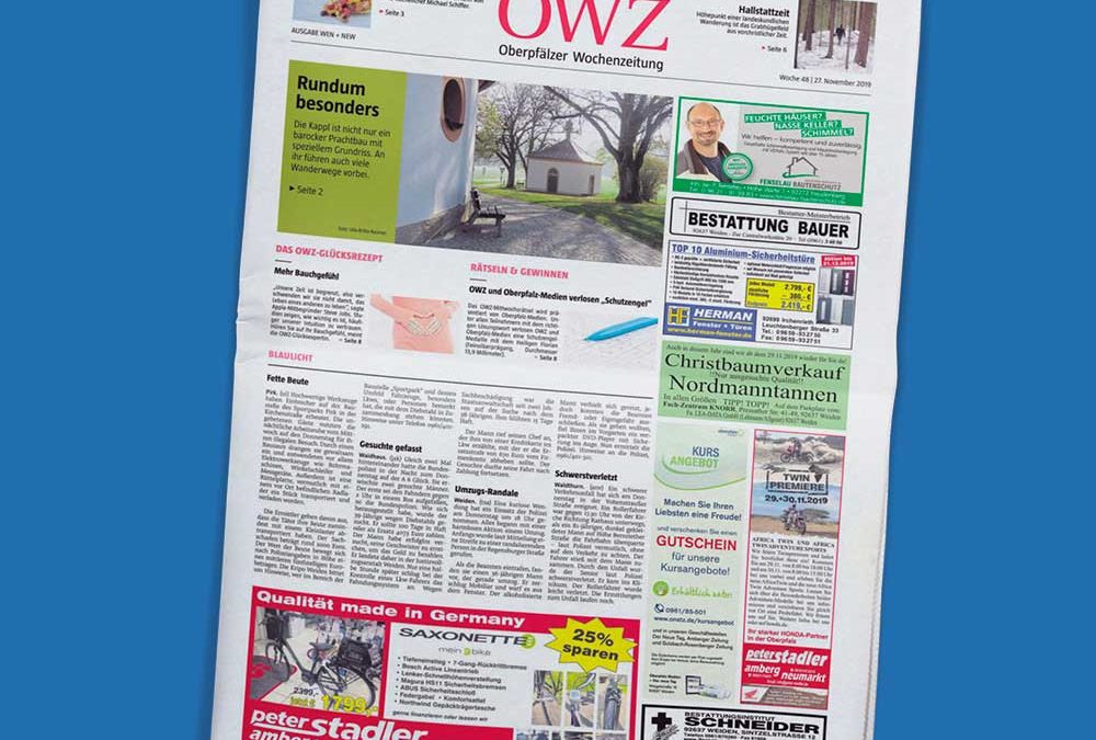 Titelseite einer Ausgabe der Oberpfälzer Wochenzeitung von Oberpfalz Medien auf blauem Hintergrund.