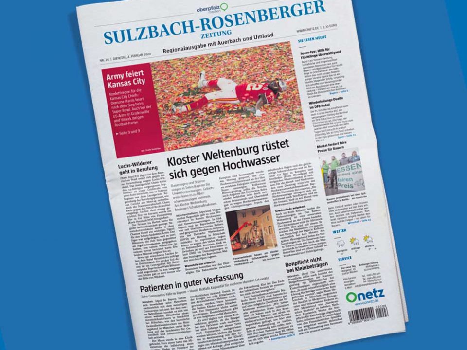 Titelseite der Sulzbach-Rosenberger Zeitung von Oberpfalz Medien auf blauem Hintergrund.