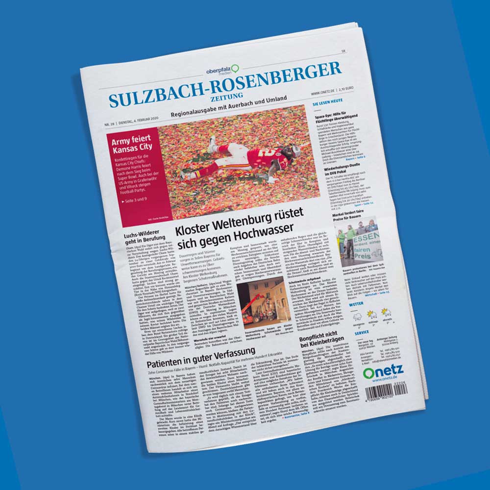 Titelseite der Sulzbach-Rosenberger Zeitung von Oberpfalz Medien auf blauem Hintergrund.