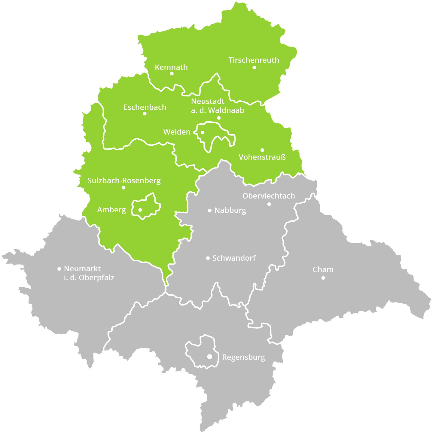 Karte der Oberpfalz mit grün markiertem Gebiet, wo die Verteilung der OWZ von Oberpfalz Medien erfolgt.