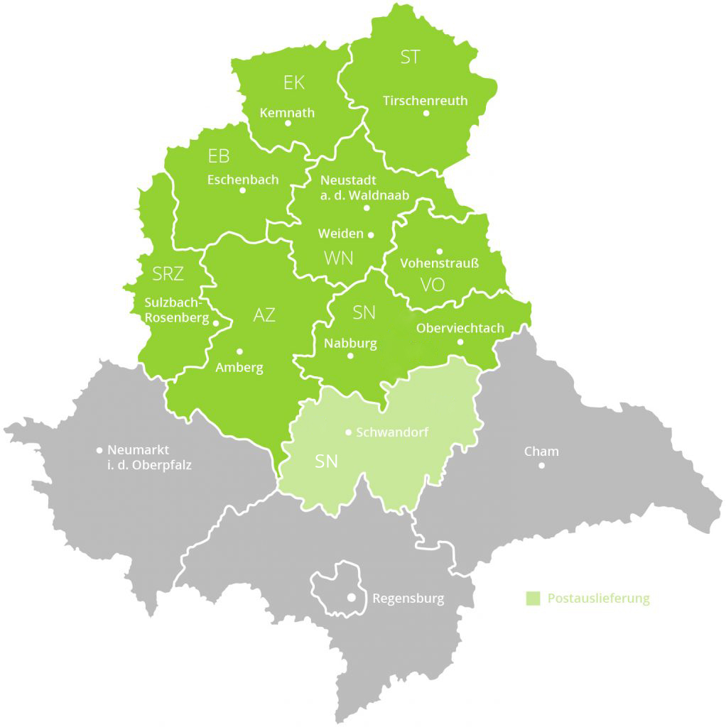 Karte der Oberpfalz mit grün markiertem Gebiet, wo die Verteilung der Zeitungen von Oberpfalz Medien erfolgt.